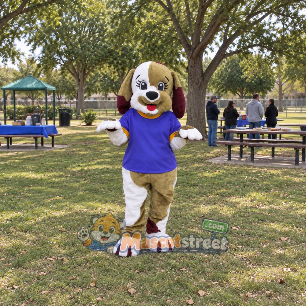 Brown and White Dog Mascot Costume with Purple Shirt Brown and White Dog Mascot Costume with Purple Shirt
