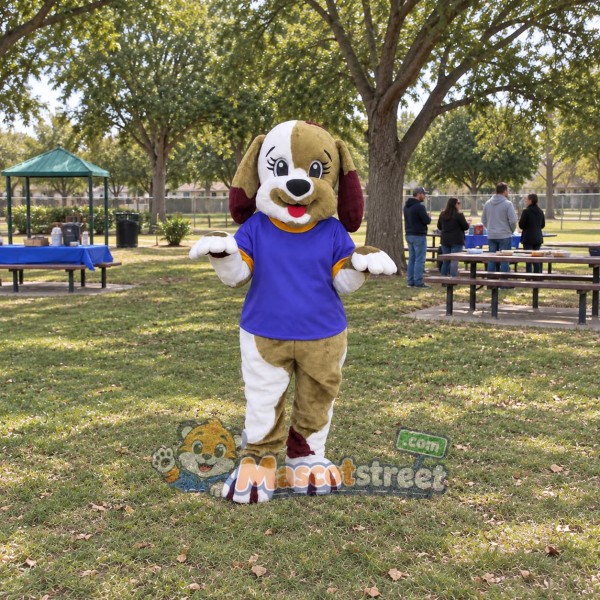 Brown and White Dog Mascot Costume with Purple Shirt