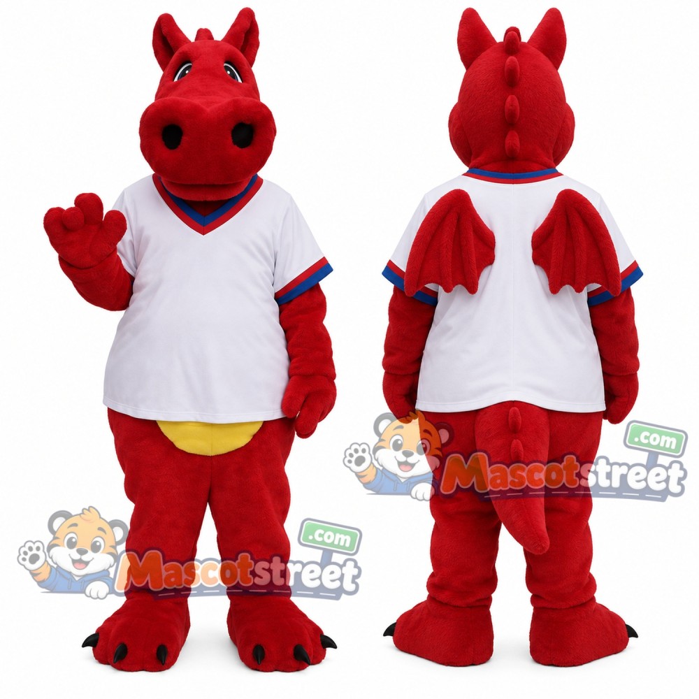 Red Dragon Mascot Costume with White Shirt Red Dragon Mascot Costume with White Shirt