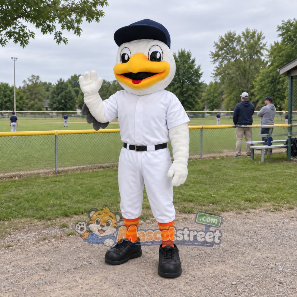 White Seagull Mascot Costume with White Baseball Uniform