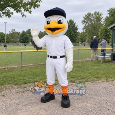 White Seagull Mascot Costume with White Baseball Uniform