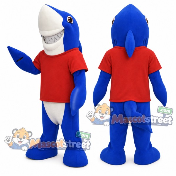 Blue Shark Mascot Costume with Red Shirt