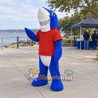 Blue Shark Mascot Costume with Red Shirt Blue Shark Mascot Costume with Red Shirt