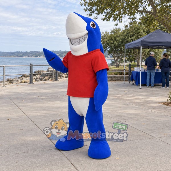 Blue Shark Mascot Costume with Red Shirt