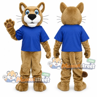 Tan Wildcat Mascot Costume with Blue Shirt Tan Wildcat Mascot Costume with Blue Shirt