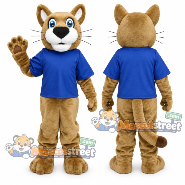 Tan Wildcat Mascot Costume with Blue Shirt