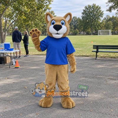 Tan Wildcat Mascot Costume with Blue Shirt Tan Wildcat Mascot Costume with Blue Shirt