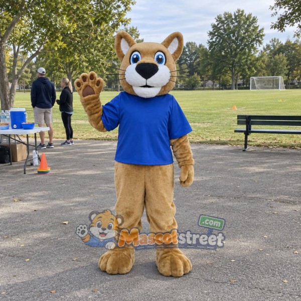 Tan Wildcat Mascot Costume with Blue Shirt