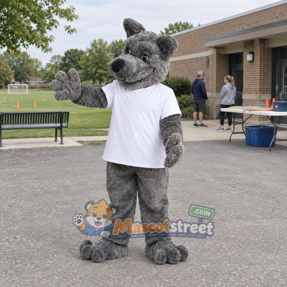 Gray Wolf Mascot Costume with White Shirt