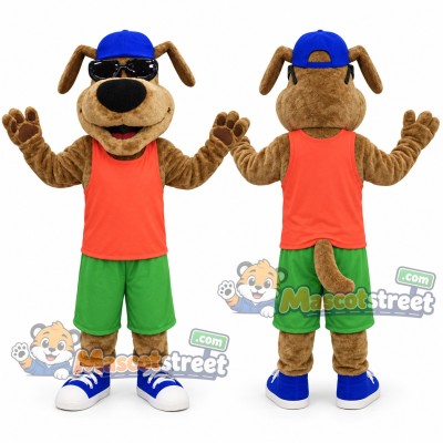 Brown Dog Mascot Costume with Orange Shirt, Green Shorts and Blue Cap Brown Dog Mascot Costume with Orange Shirt, Green Shorts and Blue Cap