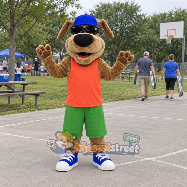 Brown Dog Mascot Costume with Orange Shirt, Green Shorts and Blue Cap