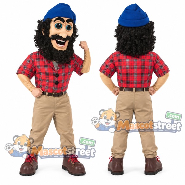 Lumberjack Mascot Costume with Red Plaid Shirt, Tan Pants and Blue Cap