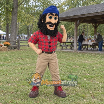 Lumberjack Mascot Costume with Red Plaid Shirt, Tan Pants and Blue Cap Lumberjack Mascot Costume with Red Plaid Shirt, Tan Pants and Blue Cap