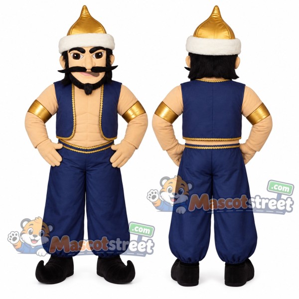 Genie Mascot Costume with Blue Outfit and Gold Hat