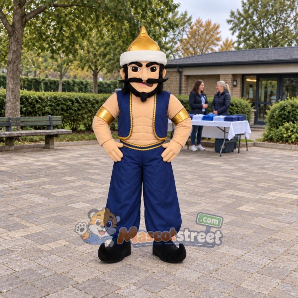 Genie Mascot Costume with Blue Outfit and Gold Hat