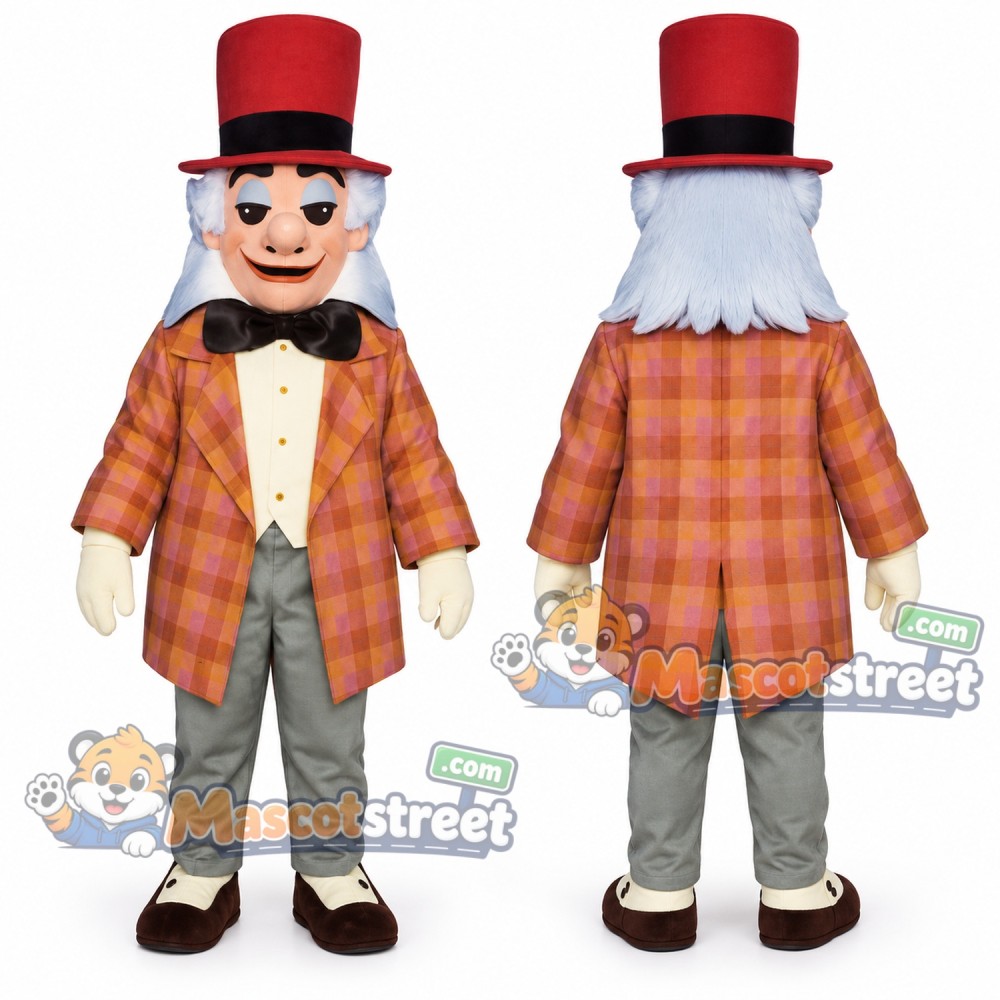 Mad Hatter Mascot Costume with Plaid Coat and Red Top Hat