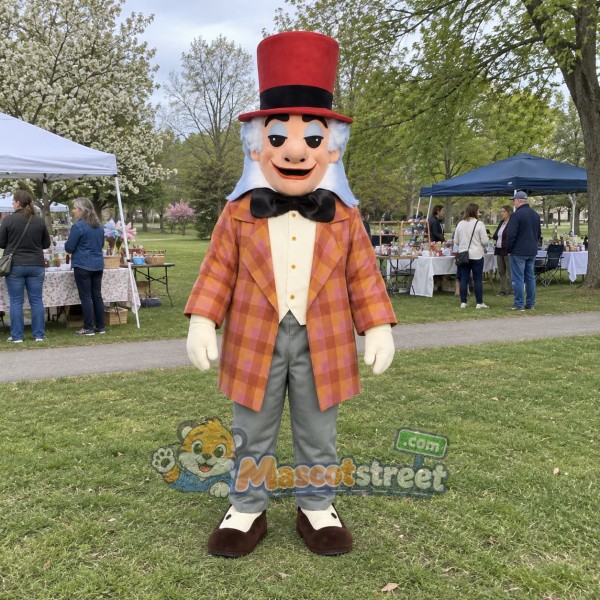 Mad Hatter Mascot Costume with Plaid Coat and Red Top Hat