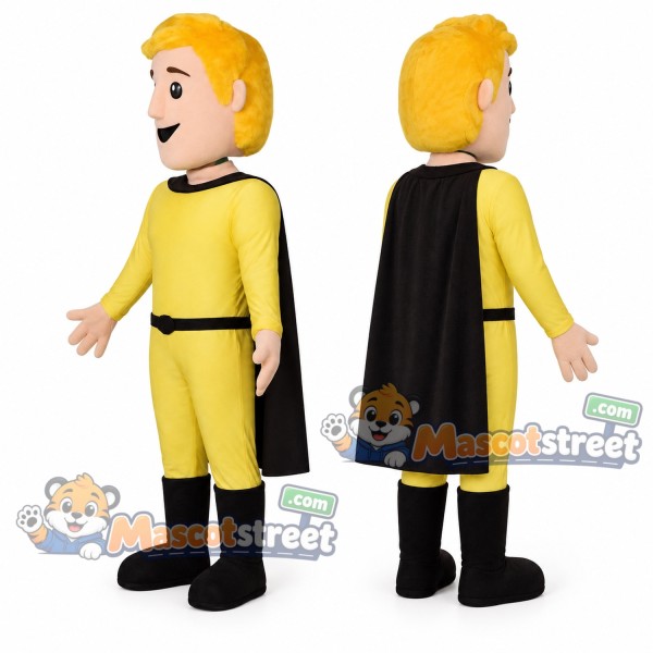 Superhero Mascot Costume with Yellow Suit and Black Cape