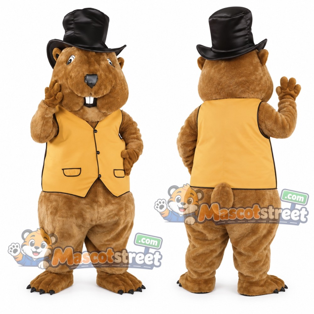 Brown Marmot Mascot Costume with Yellow Vest and Black Top Hat