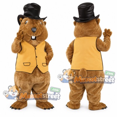 Brown Marmot Mascot Costume with Yellow Vest and Black Top Hat