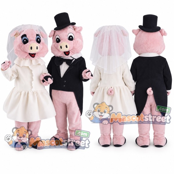 Pink Pig Wedding Couple Mascot Costume with White Wedding Dress and Black Suit