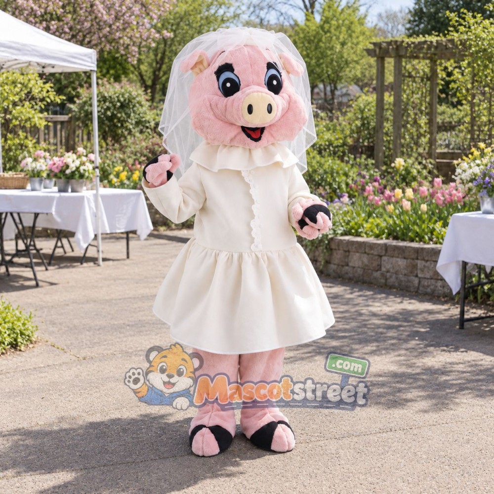 Pink Pig Wedding Couple Mascot Costume with White Wedding Dress and Black Suit Pink Pig Wedding Couple Mascot Costume with White Wedding Dress and Black Suit