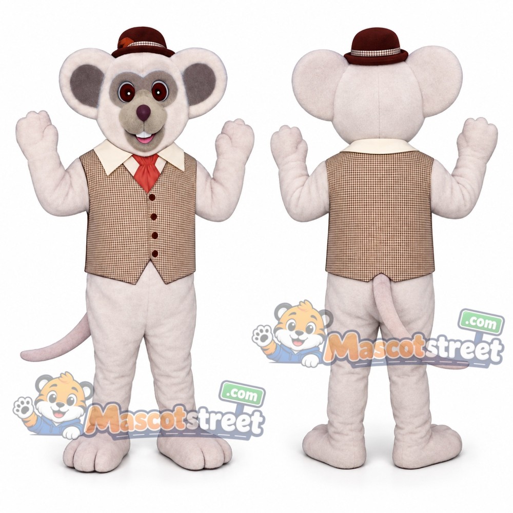 White Mouse Mascot Costume with Tan Vest and Brown Hat