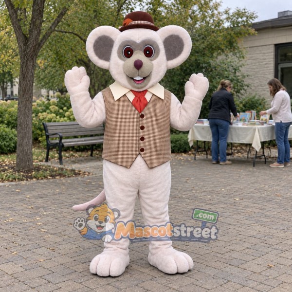 White Mouse Mascot Costume with Tan Vest and Brown Hat