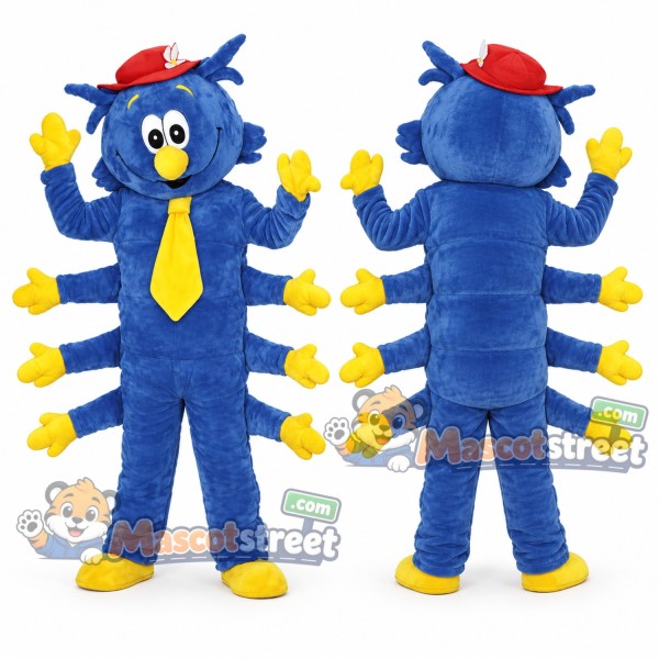 Blue Insect Mascot Costume with Yellow Tie and Red Cap