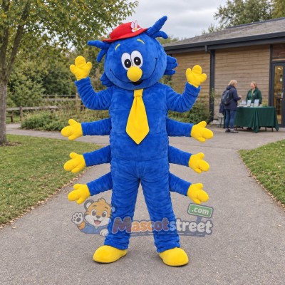 Blue Insect Mascot Costume with Yellow Tie and Red Cap