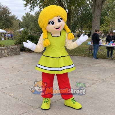 Girl Mascot Costume with Green Dress and Red Pants