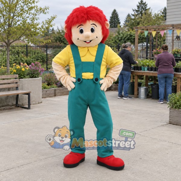 Boy Mascot Costume with Yellow Shirt and Green Overalls