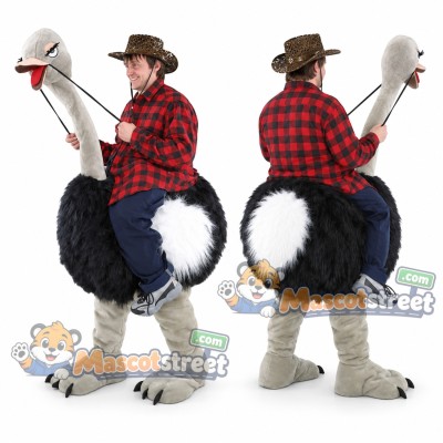 Ostrich Rider Mascot Costume with Red Plaid Shirt and Cowboy Hat