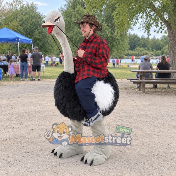 Ostrich Rider Mascot Costume with Red Plaid Shirt and Cowboy Hat