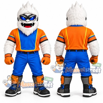 White Yeti Mascot Costume with Blue and Orange Outfit and Goggles White Yeti Mascot Costume with Blue and Orange Outfit and Goggles