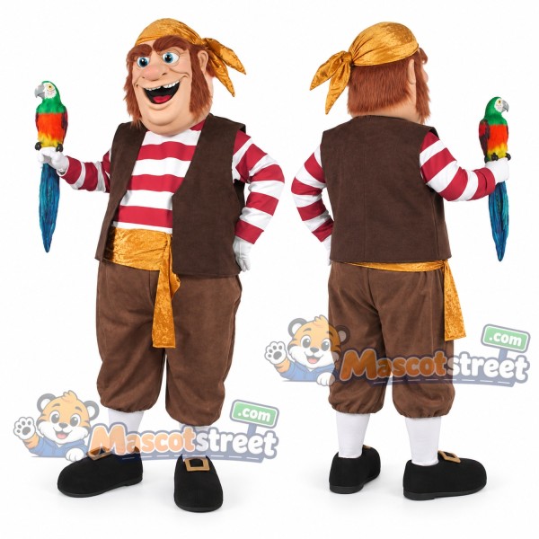 Pirate Mascot Costume with Striped Shirt, Brown Vest and Bandana