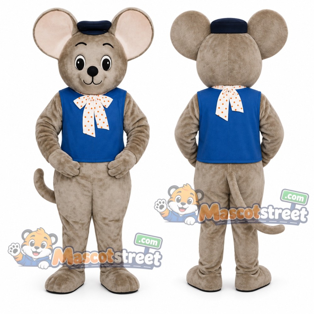 Gray Mouse Mascot Costume with Blue Vest and Sailor Hat