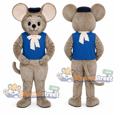 Gray Mouse Mascot Costume with Blue Vest and Sailor Hat