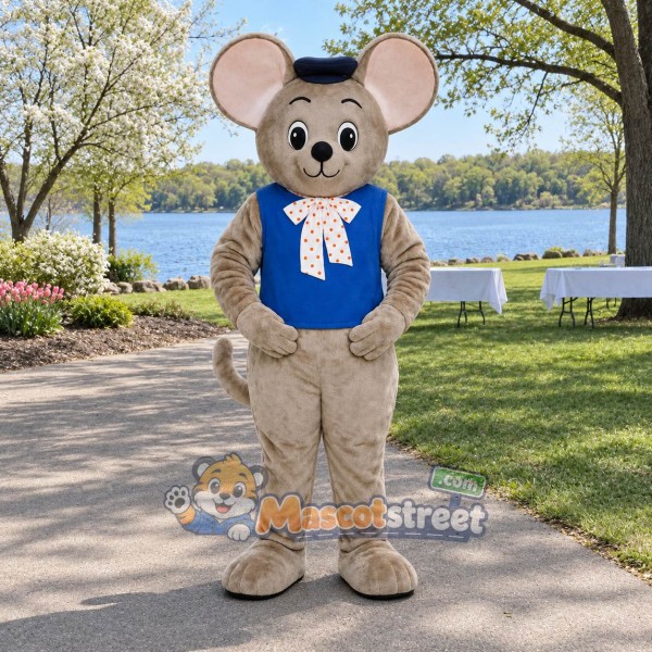 Gray Mouse Mascot Costume with Blue Vest and Sailor Hat