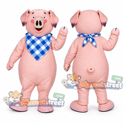 Pink Pig Mascot Costume with Blue Gingham Scarf
