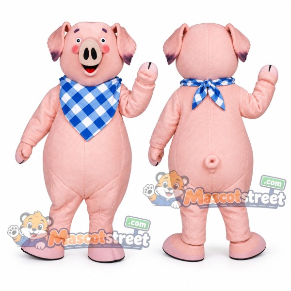 Pink Pig Mascot Costume with Blue Gingham Scarf