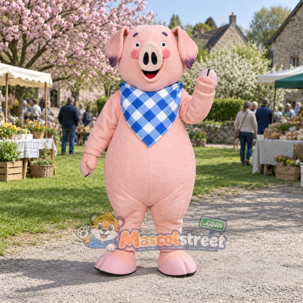 Pink Pig Mascot Costume with Blue Gingham Scarf