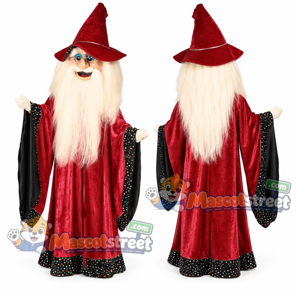 Wizard Mascot Costume with Red Robe and Pointed Hat