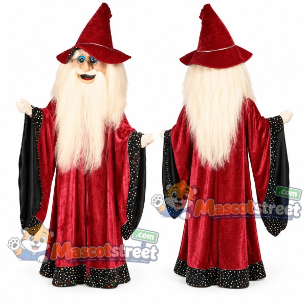 Wizard Mascot Costume with Red Robe and Pointed Hat