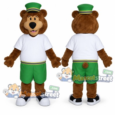 Brown Bear Mascot Costume with White Shirt, Green Shorts and Hat