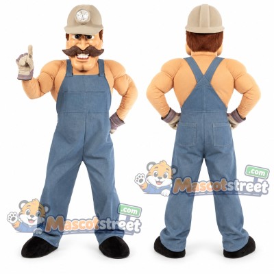 Miner Mascot Costume with Blue Overalls and Hard Hat
