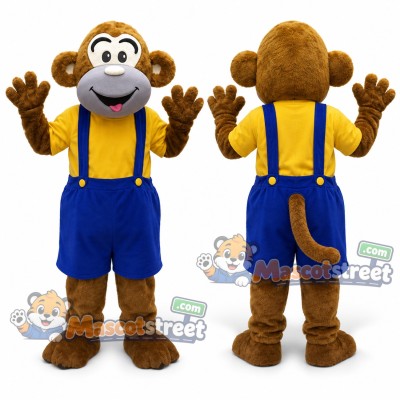 Brown Monkey Mascot Costume with Yellow Shirt and Blue Overalls Brown Monkey Mascot Costume with Yellow Shirt and Blue Overalls