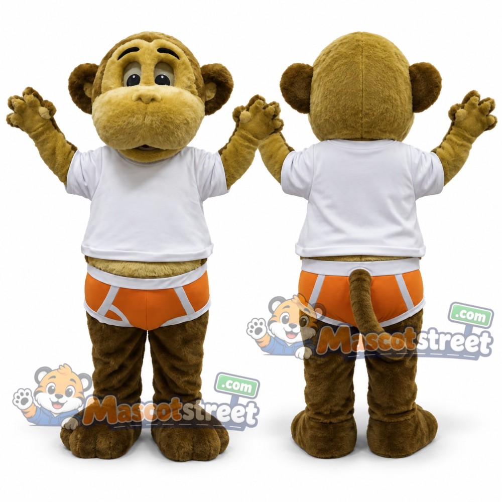 Brown Monkey Mascot Costume with White Shirt and Orange Shorts Brown Monkey Mascot Costume with White Shirt and Orange Shorts