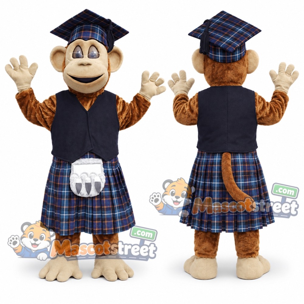 Brown Monkey Mascot Costume with Black Vest, Plaid Kilt and Graduation Cap Brown Monkey Mascot Costume with Black Vest, Plaid Kilt and Graduation Cap