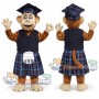 Brown Monkey Mascot Costume with Black Vest, Plaid Kilt and Graduation Cap
